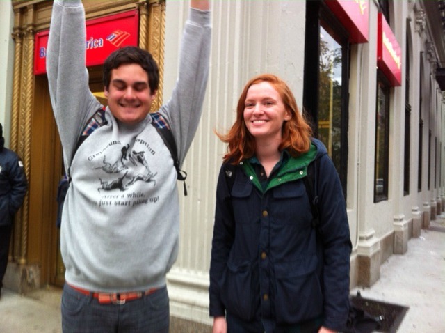<p>Mike Van Dorn and Marion Burns were thrilled to see power turned back on in the East Village Nov. 2, 2012.</p>

