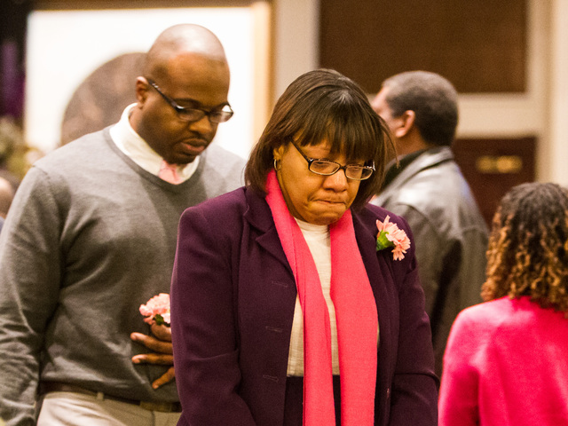 <p>Kim Abraham, the mother of Lauren Abraham, leaves the funeral service for her daughter at the Christian Cultural Center on Nov. 8, 2012.</p>

