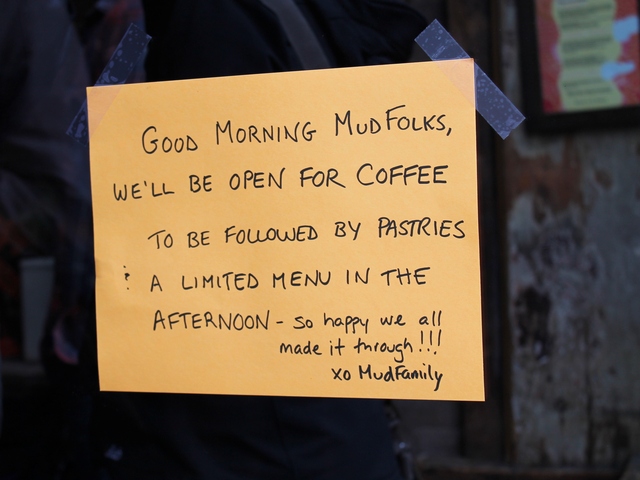 <p>Mud Cafe served coffee and baked goods Saturday. Restaurants all over downtown Manhattan were rushing to open their doors after being shuttered for days after Hurricane Sandy.</p>
