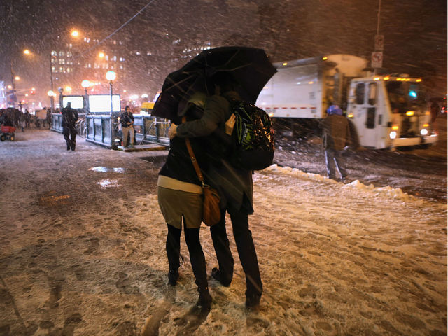 <p>Pedestrians walk through high winds and snow at Union Square on November 7, 2012 in New York City. The city was hit by a Nor'Easter storm, just ten days after Superstorm Sandy ravaged the tri-state area.</p>
