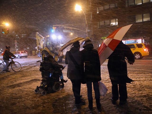 <p>Pedestrians walk through high winds and snow near Union Square on November 7, 2012 in New York City. The city was hit by a Nor'Easter storm, just ten days after Superstorm Sandy ravaged the tri-state area.</p>
