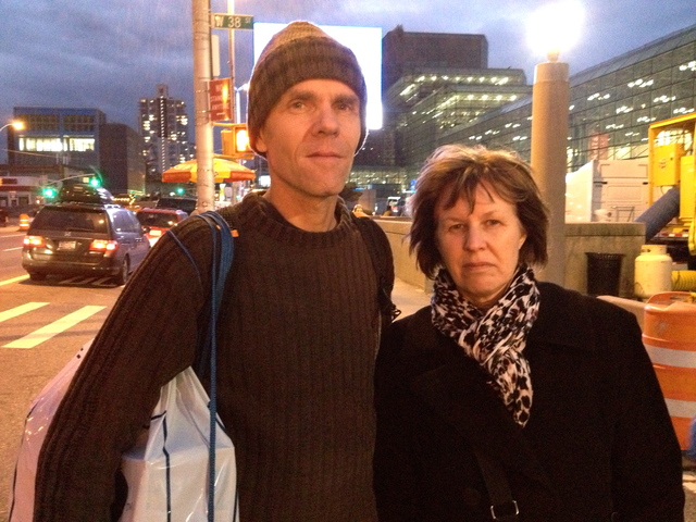 <p>Runner Claude Paquin, 50, and his wife Genevieve Howison, 50, leaving the Javitz Center a few moments after learning that the NYC Marathon was canceled on November 2, 2012. The couple, from Montreal, was not pleased.</p>
