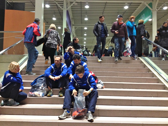 <p>Disappointed runners sit on the steps of the Javitz Center Marathon Expo moments after learning that the NYC Marathon was canceled on November 2, 2012.</p>
