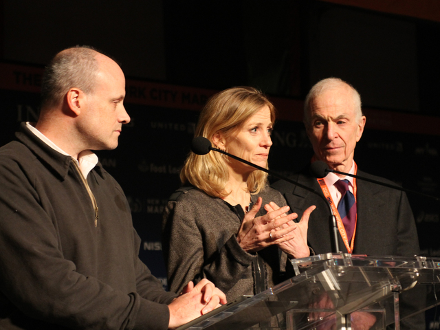 <p>New York Road Runners President Mary Wittenberg, at center, joined Deputy Mayor Howard Wolfson, at left, and George Hirsch, chairman of the board of the NYRR, spoke to reporters about the decision to cancel the 2012 NYC Marathon on Friday, Nov. 2, 2012.</p>
