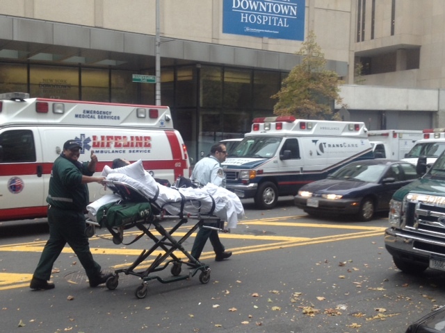 <p>New York Hospital Downtown evacuated patients in preparation for Hurricane Sandy on October 28, 2012.</p>
