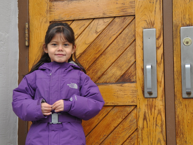 <p>Madison Murray, 6, prepared to enter the door of P.S. 132 for her first grade class after one week without school.</p>

