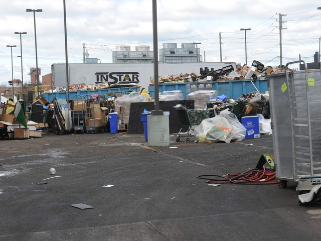 <p>The Fairway parking lot in Red Hook was full of trashed items from the store, which was flooded by Hurricane Sandy. 'Everything was absolutely gutted,' Fairway vice chairman Howard Glickberg told DNAinfo.com New York. 'There was absolutely nothing left in the old store.' The store is slated to reopen March 1.</p>
