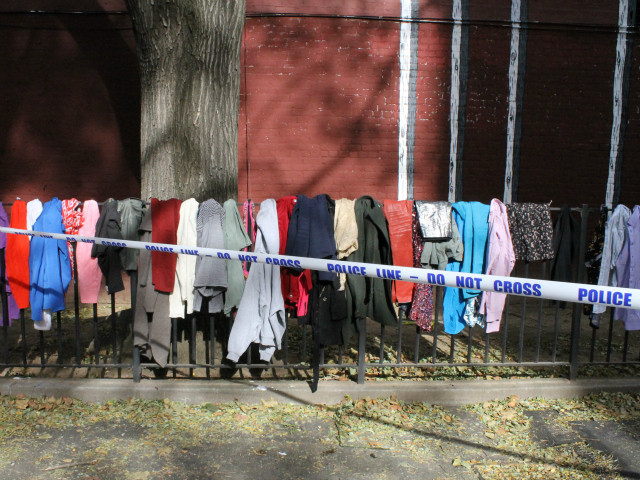<p>Donates clothes hung outside the Fulton Houses.</p>
