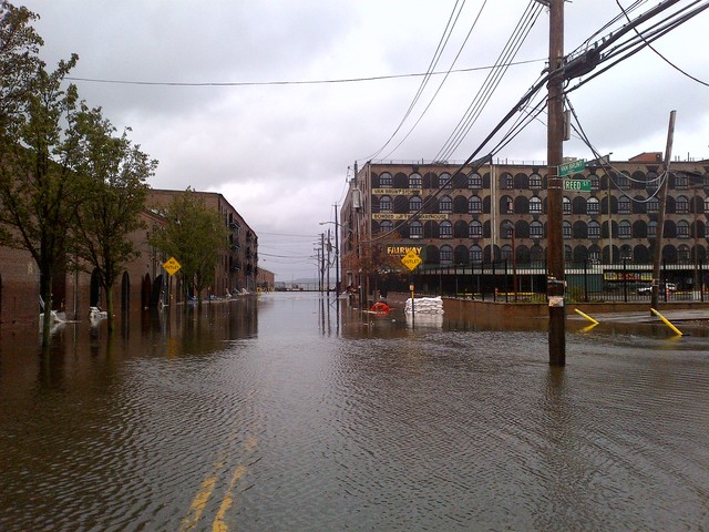 <p>Van Brunt Street in Red Hook, and Fairway Market at right, was inundated with floodwater during Hurricane Sandy Oct. 29, 2012.</p>
