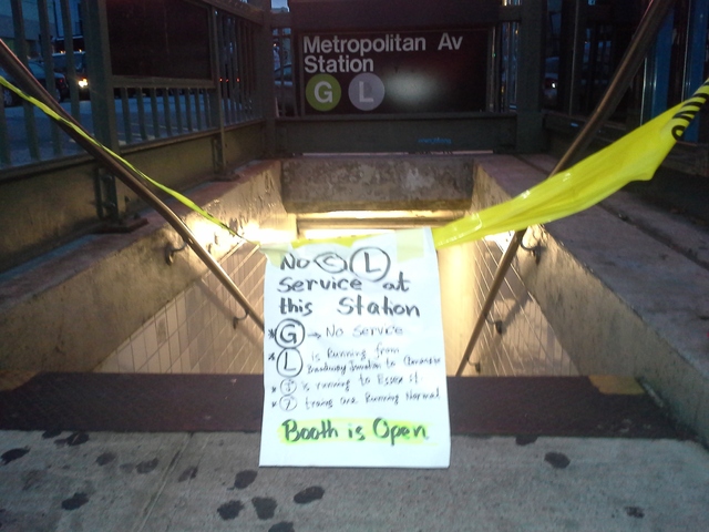 <p>A hand-written sign informed Brooklyn commuters of continuied L and G train suspensions because of Hurricane Sandy Monday, Nov. 5, 2012.</p>
