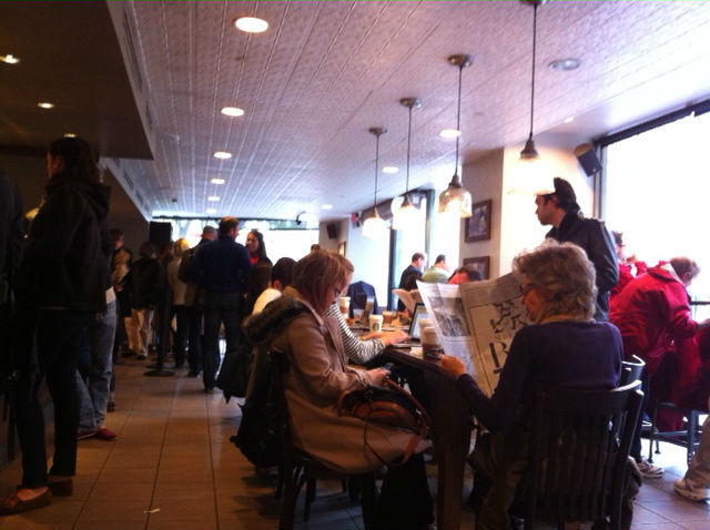 <p>A Starbucks near Lincoln Center was bustling with activity on Wednesday with people still out of work after Hurricane Sandy.&nbsp;</p>
