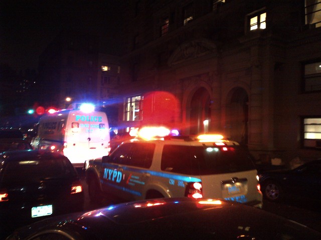 <p>Cop cars outside the La Rochelle building at 57 W. 75th St., where two children were stabbed on Oct. 25, 2012.</p>
