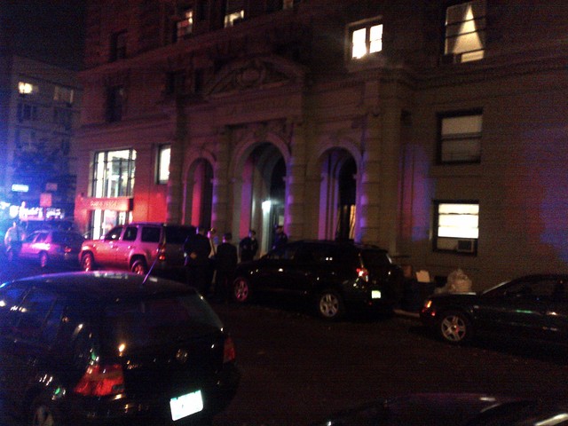 <p>Cop cars outside the La Rochelle building at 57 W. 75th St., where two children were stabbed on Oct. 25, 2012.</p>
