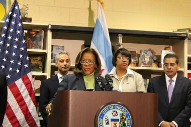  Barbara Byrd-Bennett addresses the media after being introduced by Mayor Emanuel (background) as head of the Chicago Public Schools on Oct. 12, 2012. 
