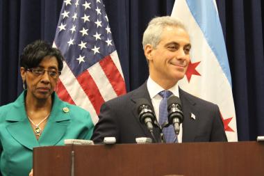  Mayor Rahm Emanuel and Ald. Carrie Austin, chairman of the City Council Budget Committee, discuss passage of the 2013 budget. 
