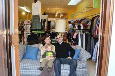  Melissa and Joe Basilone, the owners of Thrift and Thrive in the Irving Austin Business District, with their 2-year-old son, Evan, have vowed not to buy anything new in 2013. 
