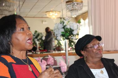  State Reps. Mary Flowers (from l.)  and Monique Davis attended a community meeting Saturday at Josephine's Cooking restaurant, 435 E. 79th St., to discuss when black history lessons could be taught in Chicago Public Schools, as required by state law. 
