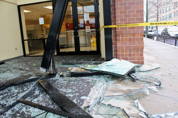  A vehicle crashed into the TCF Bank at the corner of Southport and Fullerton early Friday morning, leaving the front entrance heavily damaged. 
