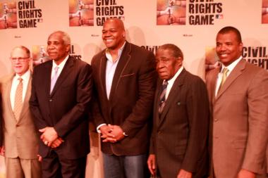  Frank "Big Hurt" Thomas (c.) hopes his new juice diet helps him shed pounds. Also pictured, (from l.) White Sox owner Jerry Reinsdorf, Hall of Famer Frank Robinson, former White Sox star Minnie Minoso and White Sox Executive Vice President Kenny Williams. 
