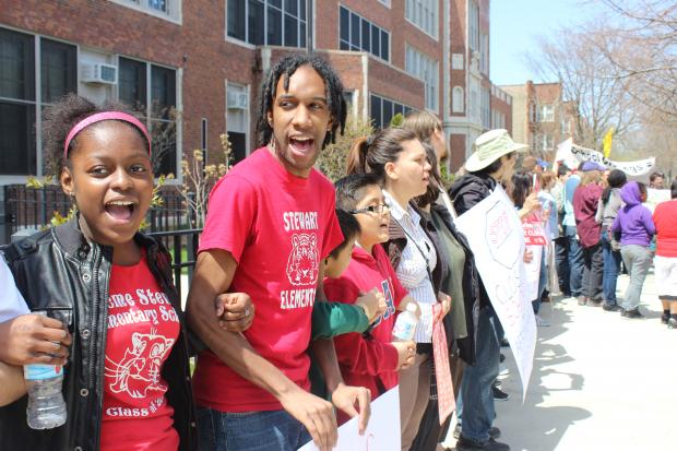  About 150 students and teachers marched from Stewart to Stockton on a neighborhood tour against closures. 
