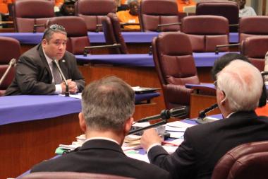  Brian Bernardoni of the Chicago Association of Realtors faces questioning from Ald. Richard Mell at Wednesday's meeting. 
