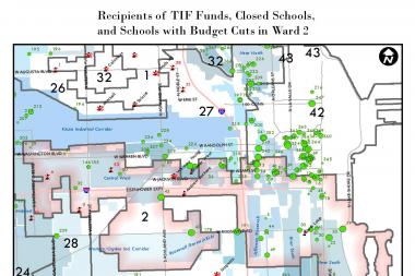  This map, created by The Civic Lab, depicts red dots showing schools that are being closed and green dots indicating entities that receieved money from TIF funds. 
