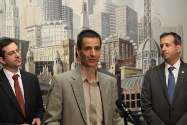  Ald. Nick Sposato, flanked by Ald. Scott Waguespack (l.) and Ald. John Arena (r.), tried to halt next week's Board of Education vote on new charter schools. 
