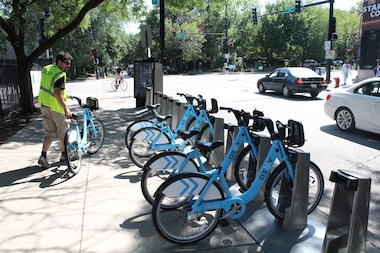  The first Divvy bikes were installed at the bike-sharing racks Friday afternoon in Hyde Park. 
