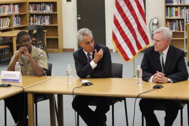  Rickover Navy Academy student Knowledge Brown listens to Mayor Rahm Emanuel and Navy Secretary Ray Mabus during a roundtable discussion at Michele Clark Magnet High School Thursday. 
