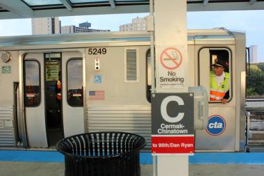  An "L" train operator makes a stop at the Cermak/Chinatowon stop during a test run of the CTA's Red Line South run, which has been under construction since May. 
