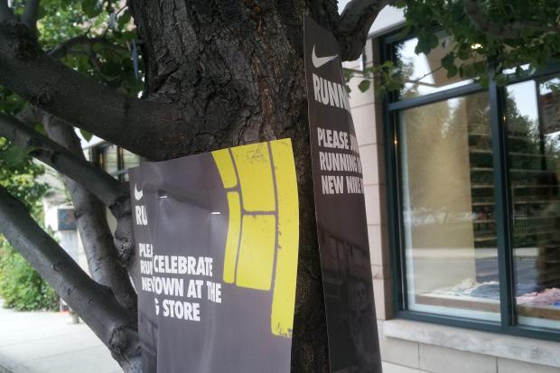  Nike stapled signs to over one dozens trees in Bucktown and Wicker Park, as well as plastered posters inside the CTA Blue Line Damen "L" station. 
