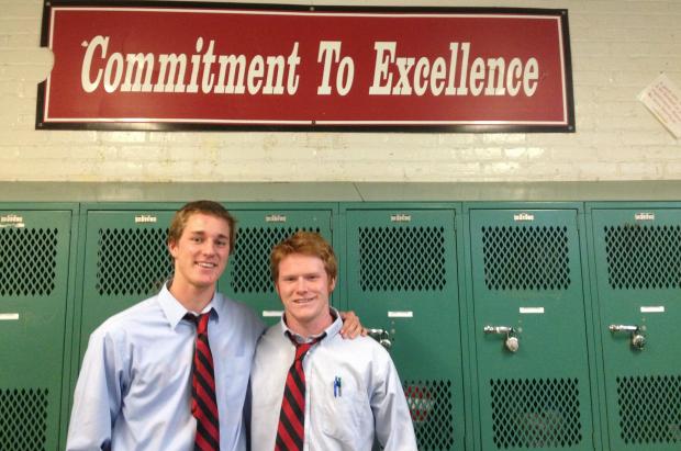  Marist High School quarterback Jack Donegan and center Jack Hynes, both seniors, have been playing the same positions together since fifth grade. 
