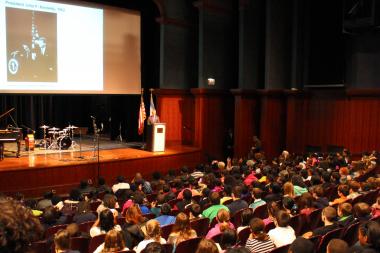  Mayor Rahm Emanuel discusses the life and legacy of President Kennedy in a speech to CPS students Friday. 
