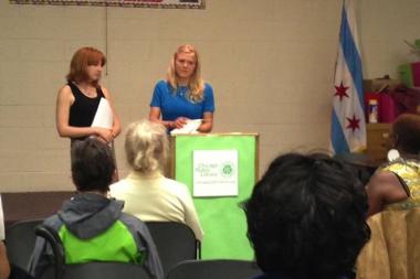  Ilana Cheyfitz (l) and Anya Ravitz (r) at the Bezazian Library in Uptown, where they organized a Sept. 19 poetry slam featuring low-income housing residents. 
