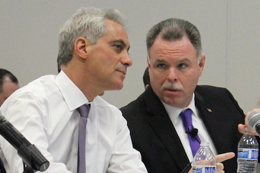  Mayor Rahm Emanuel and Police Supt. Garry McCarthy confer during Thursday's CompStat meeting. 
