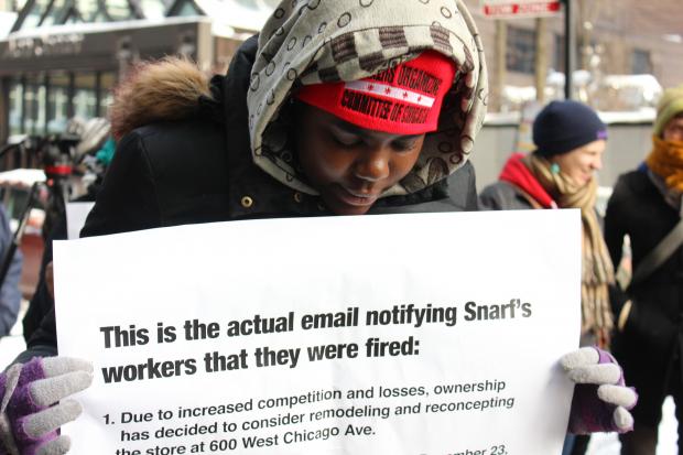  Former employees of Snarf's sub shop, and workers rights' activists, braved the cold to protest outisde the Loop location Wednesday. 
