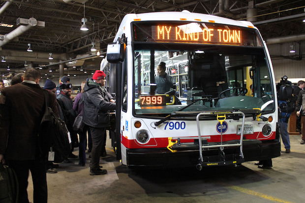  On Wednesday, the CTA unveiled the first of its 300 new clean-diesel buses. Each 40-foot bus features LED lighting, bigger windows and seamless flooring. 
