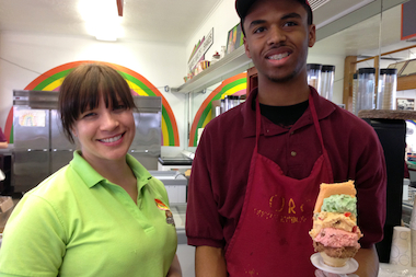  Original Rainbow Cone manager Michelle Desnoyer and Rainbow Cone assemblyman Jinks Riddle welcome back customers after a long, hard winter. 
