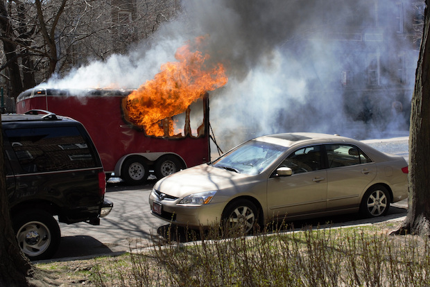  A landscaping company's trailer caught fire outside of a park in the 1200 block of West Columbia Avenue. 
