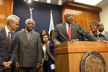  Mayor Rahm Emanuel and U.S. Rep. Danny Davis look on as state Sen. Kwame Raoul says, "What expungement means is it didn't happen." 