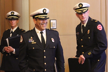  Fire Commissioner Jose Santiago arrives at the City Council for budget hearings Friday. 