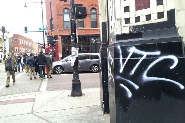  Wicker Park's historic Flat Iron Arts building was defaced with graffiti early Saturday. 