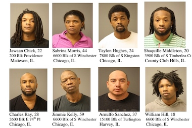  Eight people from the city and suburbs were arrested Sunday for dog fighting in Englewood. 