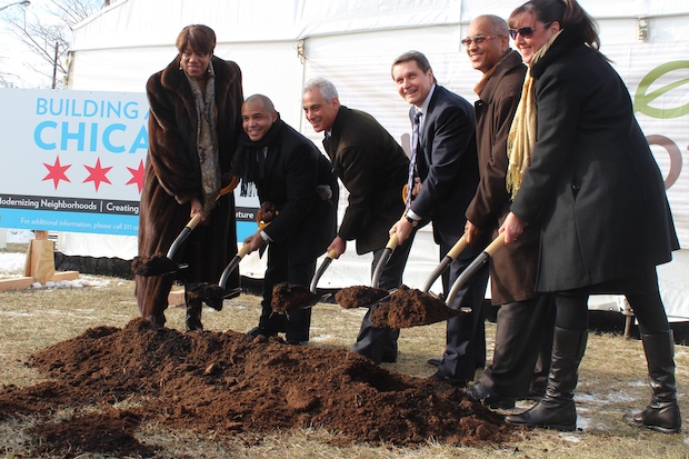  Mayor Rahm Emanuel and a host of politicians broke ground on the new Bronzeville Mariano's at the corner of Pershing Road and King Drive. 