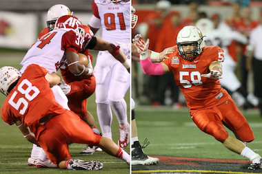  Norwood Park native Patrick Dougherty (No. 58 in both photos) and Illinois State are playing for a national championship. 