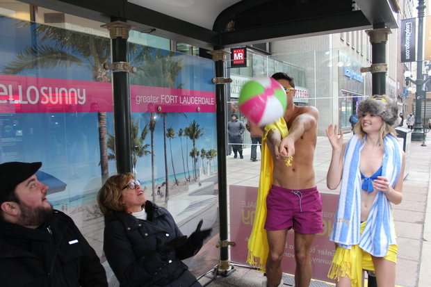  The Greater Fort Lauderdale Convention & Visitors Bureau put up a "sunny" bus stop at State and Adams streets Tuesday morning complete with models, a beach ball, and video screen showing a live feed of Florida. 