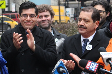  Aldermanic candidate Carlos Ramirez-Rosa (l.) and mayoral challenger Cook County Commissioner Jesus "Chuy" Garcia at a campaign event in January. 