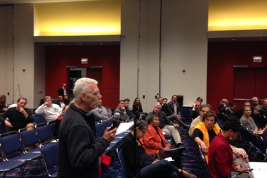  Jim Purgatorio speaks Wednesday at a meeting on the proposed Lucas Museum of Narrative Art. He spoke out against the use of public, lakefront land for the museum. 