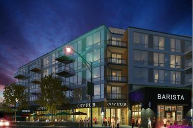  A rendering of a new development that will feature 95 apartments anchored by an Aldi grocery store, a restaurant and bar and a cafe.  