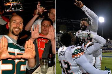  Corn Elder (r.) celebrates the game-winning score against Duke. L: Chicago's Miami fans rejoice.  